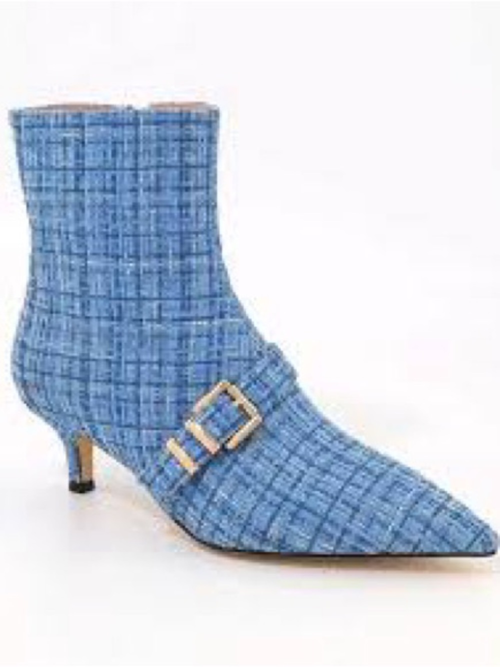 Blue Tweed Pointed Kitten-Heel Ankle Boot with Gold Buckle